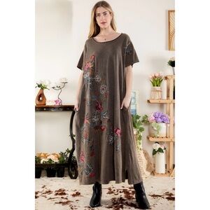 Blue Velvet Maxi Dress Floral Embroidery Charcoal Mocha Brown Lagenlook Boho